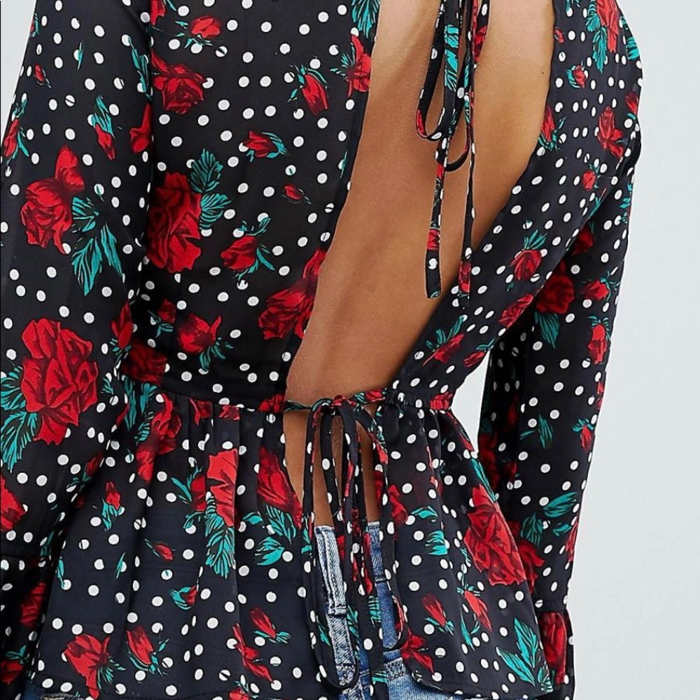 Polka dot long sleeve open tie back top